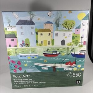 KI Puzzle 550 Pieces Folk Art Jigsaw Puzzle Bicycling By The Sea Clair Rossiter
